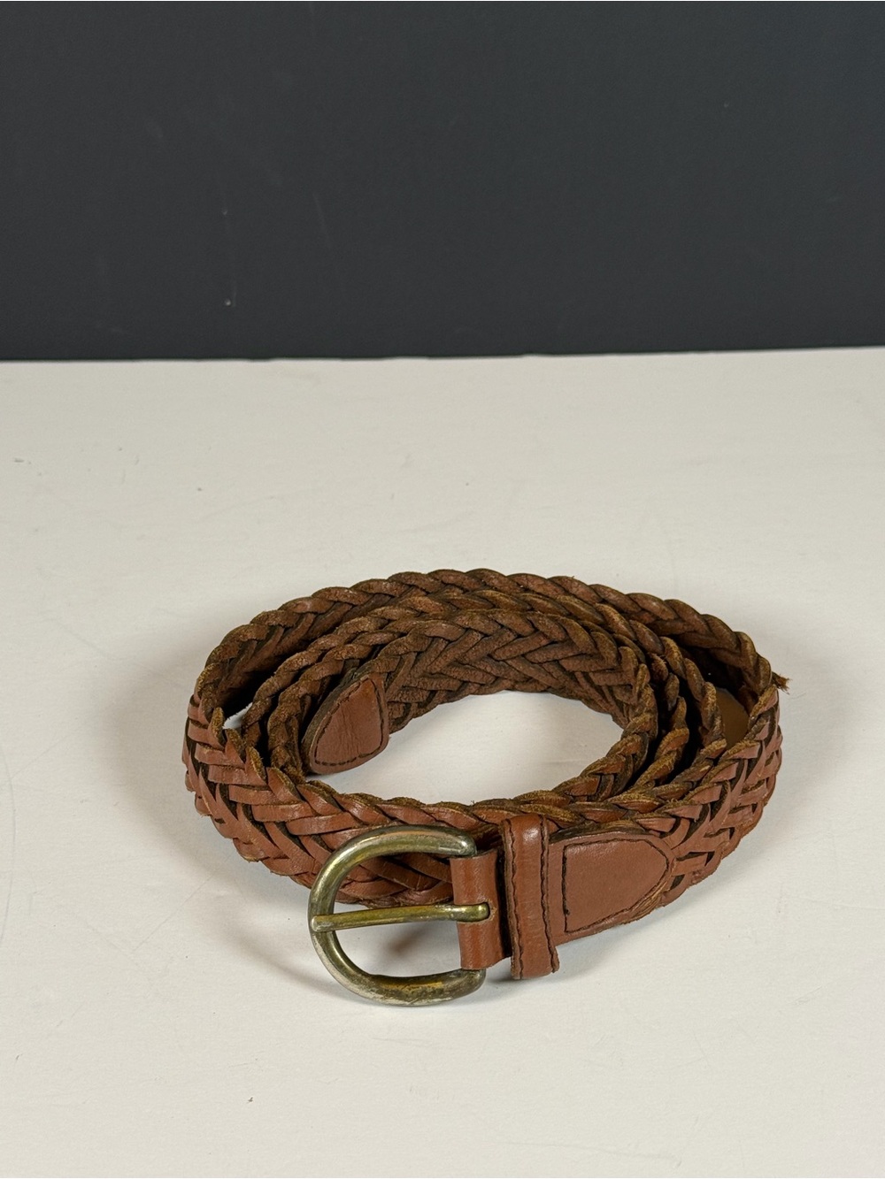 Vtg Chunky Woven Brown Leather Braided Belt Brass 42